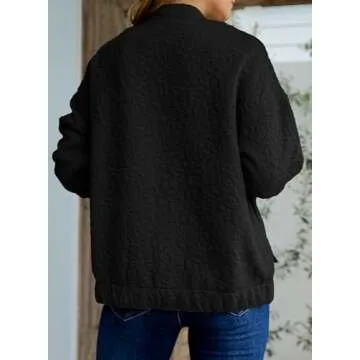 EVALESS Spring Bomber Jacket for Women Dressy Casual Summer Clothes Trendy 2025 Teacher Outfits Cute Jacquard Jackets Long Sleeve Zip Up Cropped Black Jeacket Lightweight Coat with Pockets, Medium
