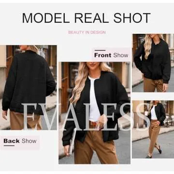 EVALESS Spring Bomber Jacket for Women Dressy Casual Summer Clothes Trendy 2025 Teacher Outfits Cute Jacquard Jackets Long Sleeve Zip Up Cropped Black Jeacket Lightweight Coat with Pockets, Medium