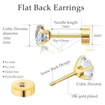 2 Pairs Flat Back Stud Earrings for Women, 18k Gold Cartilage Earrings as Screw Back Earrings Hypoallergenic for her, Nap Earring as Comfy Earrings Gifts for Her (3+5mm, Gold)