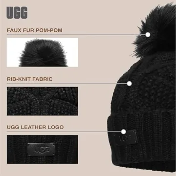 UGG Women's Cable Knit Beanie with Pom in Black