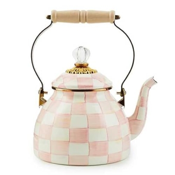 MACKENZIE-CHILDS Enamel Tea Kettle, Stylish Tea Kettle for Stovetop, Pink-and-White Rosy Check, 2 Qu...