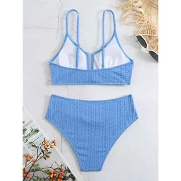 HYTENSUN Women's V Cut High Waisted Bikini Ribbed V-Wired Cami Two Pieces Swimsuit Blue