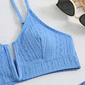 HYTENSUN Women's V Cut High Waisted Bikini Ribbed V-Wired Cami Two Pieces Swimsuit Blue