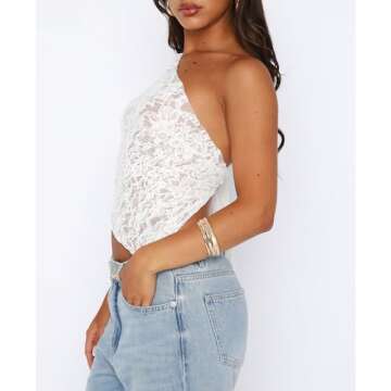 ABYOVRT Women One Shoulder Lace Top Irregular Hem Backless Crop Tops See Through Sheer Tank Tops Going Out Clubwear (S,White)
