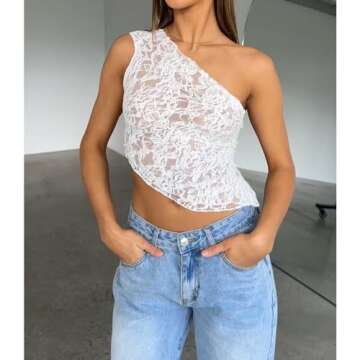 ABYOVRT Women One Shoulder Lace Top Irregular Hem Backless Crop Tops See Through Sheer Tank Tops Going Out Clubwear (S,White)