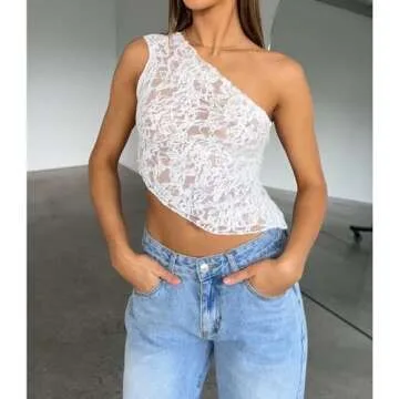 ABYOVRT Women One Shoulder Lace Top Irregular Hem Backless Crop Tops See Through Sheer Tank Tops Going Out Clubwear (S,White)