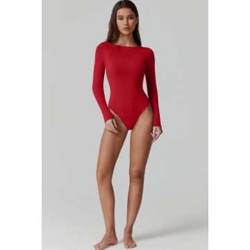 QINSEN Long Sleeve Bodysuit for Women Double Lined Crew Neck T Shirt Bodycon Tops Fiery Red XS