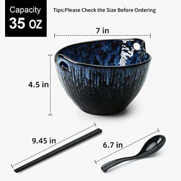 JH JIEMEI HOME Ramen Bowl with Chopsticks and Spoons Set, 7 Inch Ceramic Noodle Bowl Set of 2, Dishw...