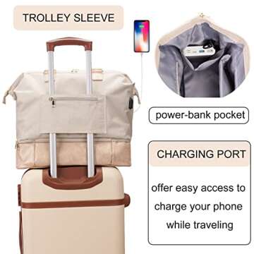 MINKARS Weekender Bag with Shoe Compartment Travel Duffle, Personal Item 17 Inch, Beige