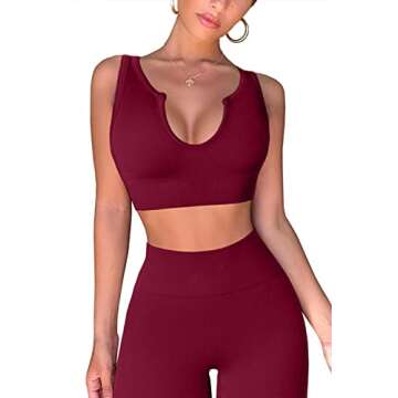 QINSEN Workout Outfits for Women 2 Piece Ribbed Seamless Crop Tank High Waist Yoga Leggings Sets (M, Wine)