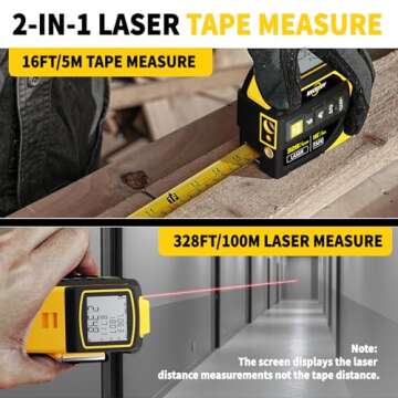 2-in-1 Laser Tape Measure 328Ft Rechargeable Laser Measuring Tool & 16Ft Measuring Tape, Laser Crosshairs, Biaxial Electronic Angle, Measuring Area, Volume, Pythagorean, Cosine, Ft/Ft+in/in/M Unit