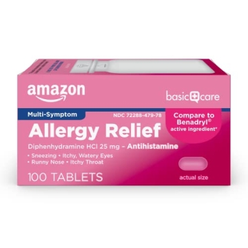 Amazon Basic Care Allergy Relief Diphenhydramine HCl 25 mg, Antihistamine Tablets for Symptoms Due t...