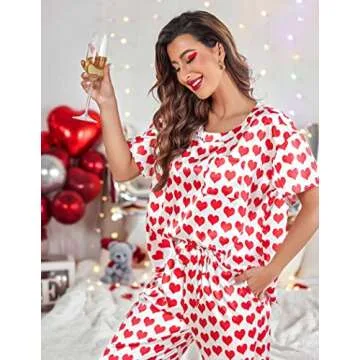 Ekouaer Happy Valentines Day Outfit Womens Pajama Sets Silk Pj Set Short Sleeve Satin Silky Pajama Set Ladies Pajamas Pyjamas Pants Set Soft Loungewear Set Valentines Day Gifts Red Heart S