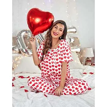 Ekouaer Happy Valentines Day Outfit Womens Pajama Sets Silk Pj Set Short Sleeve Satin Silky Pajama Set Ladies Pajamas Pyjamas Pants Set Soft Loungewear Set Valentines Day Gifts Red Heart S