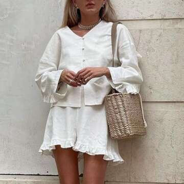 XBTCLXEBCO Linen Shorts Outfits Women 2 Piece Set Tie Front Long Sleeve Shirt and Ruffle Shorts Loun...