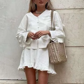 XBTCLXEBCO Linen Shorts Outfits Women 2 Piece Set Tie Front Long Sleeve Shirt and Ruffle Shorts Loun...