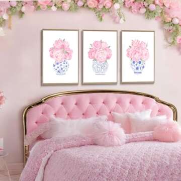 3pcs Pink Peonies Floral Wall Art Chinoiserie Blue And White Vase Wall Decor Pictures Preppy Aesthetic Canvas Posters Prints for Dorm Apartment Woman Bedroom Decoration Unframed (Posters, 12x16in)