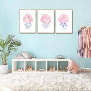3pcs Pink Peonies Floral Wall Art Chinoiserie Blue And White Vase Wall Decor Pictures Preppy Aesthetic Canvas Posters Prints for Dorm Apartment Woman Bedroom Decoration Unframed (Posters, 12x16in)