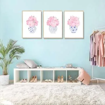 3pcs Pink Peonies Floral Wall Art Chinoiserie Blue And White Vase Wall Decor Pictures Preppy Aesthetic Canvas Posters Prints for Dorm Apartment Woman Bedroom Decoration Unframed (Posters, 12x16in)