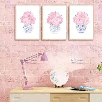 3pcs Pink Peonies Floral Wall Art Chinoiserie Blue And White Vase Wall Decor Pictures Preppy Aesthetic Canvas Posters Prints for Dorm Apartment Woman Bedroom Decoration Unframed (Posters, 12x16in)