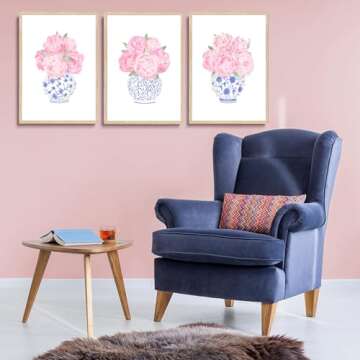 3pcs Pink Peonies Floral Wall Art Chinoiserie Blue And White Vase Wall Decor Pictures Preppy Aesthetic Canvas Posters Prints for Dorm Apartment Woman Bedroom Decoration Unframed (Posters, 12x16in)