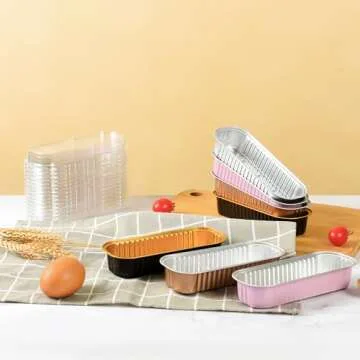 Findful Mini Loaf Baking Pans with Lids and Spoons (50 Pack, 6.8oz) Rectangle Aluminum Foil Baking Pans Tins Containers - Cupcake Containers Wrappers Cheesecake Creme Brulee Ramekins