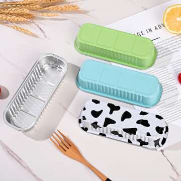 Findful Mini Loaf Baking Pans with Lids and Spoons (50 Pack, 6.8oz) Rectangle Aluminum Foil Baking Pans Tins Containers - Cupcake Containers Wrappers Cheesecake Creme Brulee Ramekins