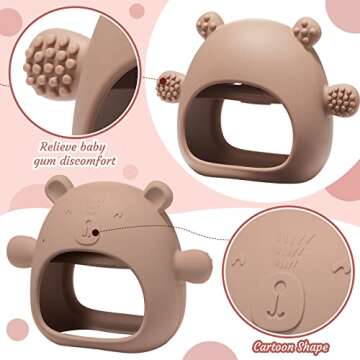 Chumia 3 Pack Teething Toys for Babies 0-6 Months Silicone Hand Teethers Baby Anti Dropping Hand Pacifiers Infant Chew Toys for Sucking Needs(Caramel, Red, Pink)