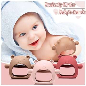 Chumia 3 Pack Teething Toys for Babies 0-6 Months Silicone Hand Teethers Baby Anti Dropping Hand Pacifiers Infant Chew Toys for Sucking Needs(Caramel, Red, Pink)