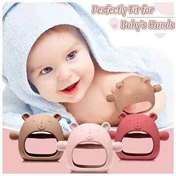 Chumia 3 Pack Teething Toys for Babies 0-6 Months Silicone Hand Teethers Baby Anti Dropping Hand Pacifiers Infant Chew Toys for Sucking Needs(Caramel, Red, Pink)