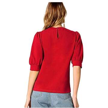 SheIn Women's Puff Sleeve Casual Solid Top Pullover Keyhole Back Blouse Red Medium