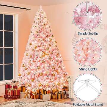 Yaheetech 9ft Pre-lit Artificial Christmas Tree with Incandescent Warm White Lights, Snow Flocked Full Prelighted Xmas Tree with 2084 Branch Tips, 900 Incandescent Lights & Foldable Stand, Pink
