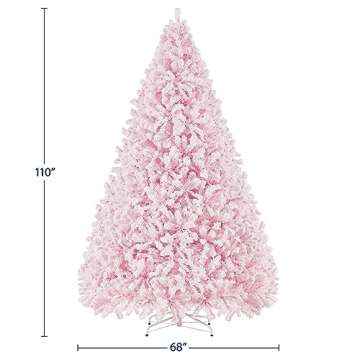 Yaheetech 9ft Pre-lit Artificial Christmas Tree with Incandescent Warm White Lights, Snow Flocked Full Prelighted Xmas Tree with 2084 Branch Tips, 900 Incandescent Lights & Foldable Stand, Pink