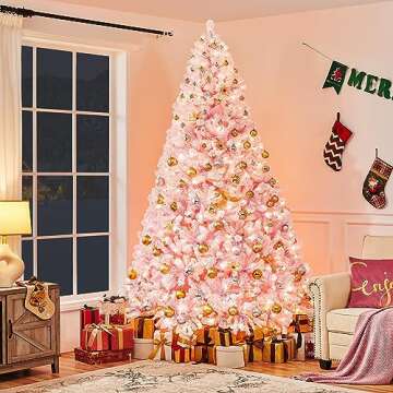 Yaheetech 9ft Pre-lit Artificial Christmas Tree with Incandescent Warm White Lights, Snow Flocked Full Prelighted Xmas Tree with 2084 Branch Tips, 900 Incandescent Lights & Foldable Stand, Pink