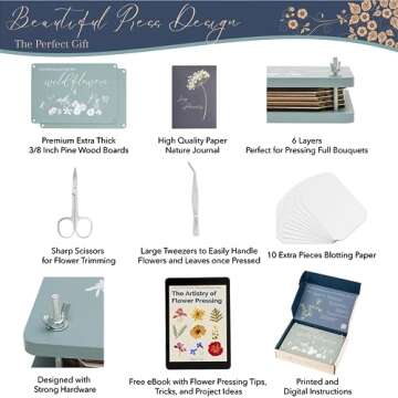 Hygge & Sage Extra Large Wooden Flower Press Artistry Kit with Nature Journal | 6-Layer, 8 x 11 Inch Flower Pressing Kit for Adults with Extra Blotting Paper, Scissors, Tweezers and Bonus Ebook