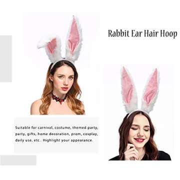 Bunny Ears Headbands Furry Rabbit Ear Headband Party Prom Cosplay Headwear Costume Hair Accessories for Women (White)
