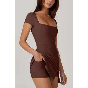 QINSEN Short Sleeve Athletic Dress for Women High Waist Side Slit Tennis Dress Built in Shorts Golf Active Dress Chestnut S