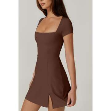 QINSEN Short Sleeve Athletic Dress for Women High Waist Side Slit Tennis Dress Built in Shorts Golf Active Dress Chestnut S