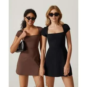 QINSEN Short Sleeve Athletic Dress for Women High Waist Side Slit Tennis Dress Built in Shorts Golf Active Dress Chestnut S