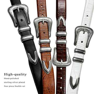 Brenton Italian Calfskin Genuine Leather Designer Dress Belt with Western Silver Plated Buckle Set -...
