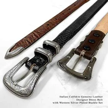 Brenton Italian Calfskin Genuine Leather Designer Dress Belt with Western Silver Plated Buckle Set - Assembled in The USA (Lizard Black, 34)