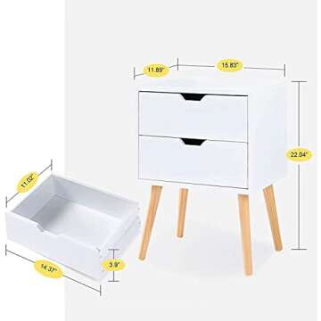 Sweetgo End Side Table Nightstand with Storage Drawer -Fashion Modern Assemble Storage Cabinet Bedroom Bedside -Solid Wood Legs Living Room Bedroom Furniture-Double Drawer Nightstand (1, White)