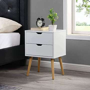 Sweetgo End Side Table Nightstand with Storage Drawer -Fashion Modern Assemble Storage Cabinet Bedroom Bedside -Solid Wood Legs Living Room Bedroom Furniture-Double Drawer Nightstand (1, White)