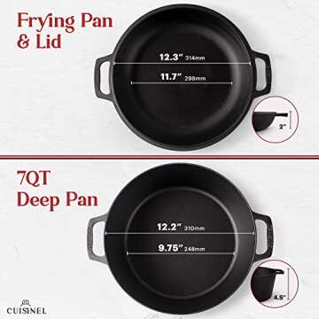 Cuisinel Cast Iron Dutch Oven 7-Quart - Pre-Seasoned 2-in-1 Deep Pot Multi-Cooker - Combo Lid Doubles as 12" Skillet Frying Pan + Silicone Handle Covers + Scraper/Cleaner - Indoor/Outdoor Cookware