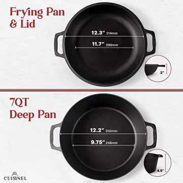 Cuisinel Cast Iron Dutch Oven 7-Quart - Pre-Seasoned 2-in-1 Deep Pot Multi-Cooker - Combo Lid Doubles as 12" Skillet Frying Pan + Silicone Handle Covers + Scraper/Cleaner - Indoor/Outdoor Cookware