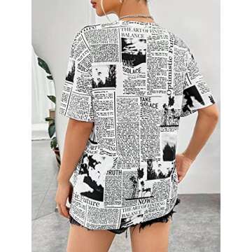 WDIRARA Women's Newspaper Print Tee Short Sleeve Round Neck Letter Print Casual Top Black and White ...