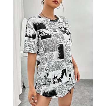 WDIRARA Women's Newspaper Print Tee Short Sleeve Round Neck Letter Print Casual Top Black and White M