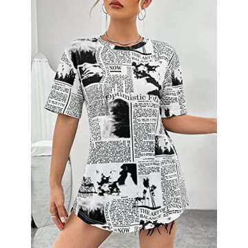 WDIRARA Women's Newspaper Print Tee Short Sleeve Round Neck Letter Print Casual Top Black and White M