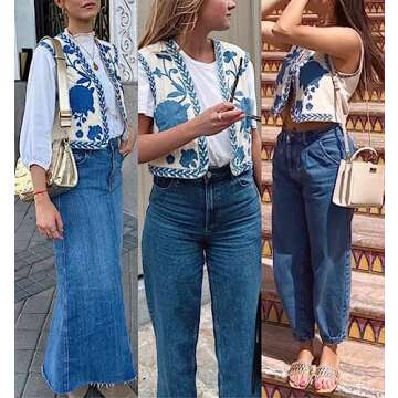 Meihuida Women Embroidered Vest Top Y2k Vintage Open Front Floral Boho Cropped Waistcoat Blue M