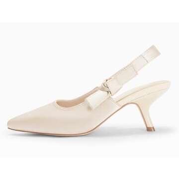 Coutgo Womens Slingback Kitten Heels Closed Pointed Toe Bowknot Knitted Slip On Work Pumps Dress Shoes, Nude Satin, Size 9